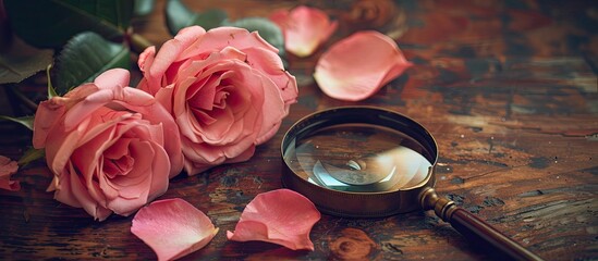 Aufkleber - A classic Valentine s Day image featuring two pink roses and a magnifying glass on a brown wooden table with copy space for personal messages