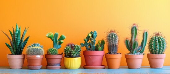 Poster - Various potted cacti displayed on a table with a colorful backdrop offering a copy space image for interior decoration