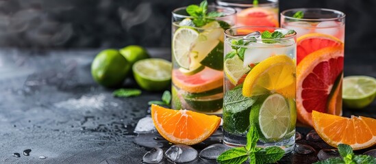 Aufkleber - Assorted healthy summer citrus beverages like infused waters lemonades and mojitos with lime lemon orange and grapefruit on a black background with copy space image