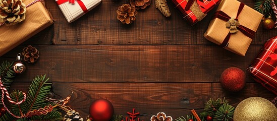 Wall Mural - Christmas gifts and decorations displayed on a wooden background in a copy space image