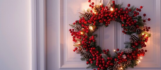 Aufkleber - Christmas wreath adorned with red berries and twinkling lights on a white door with copy space image
