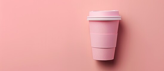 Aufkleber - A pink paper coffee cup on a pastel background with copy space symbolizing a morning wake up concept Top view mockup of a takeaway drink container