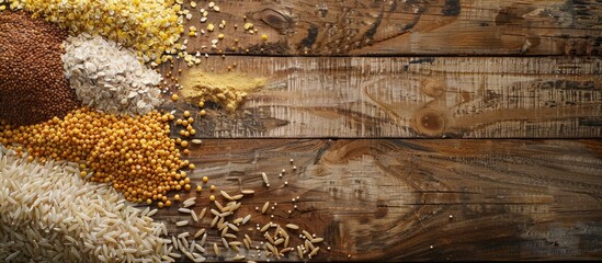 Fototapete - Variety of raw cereal foods like millet brown and white rice flour and oatmeal grains displayed on a weathered wooden background with copy space image
