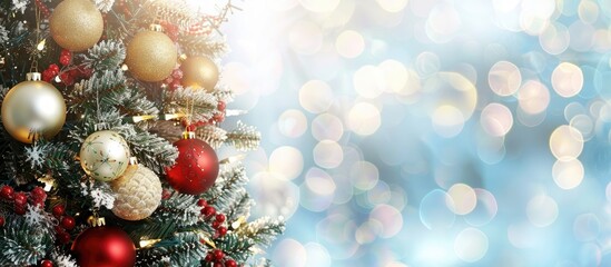Poster - Christmas tree adorned with festive Christmas ball decor creating a charming holiday ambiance against a backdrop of copy space image