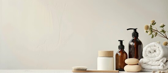 Poster - Various self care items for hygiene displayed with cosmetic bottles against a neutral background for adding text like a natural soap and circular massaging brush within the copy space image