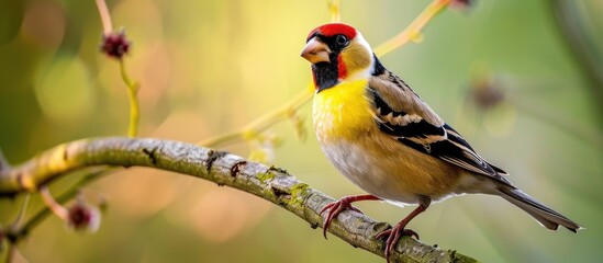 Poster - Perched on a branch a goldfinch is captured in a stunning copy space image