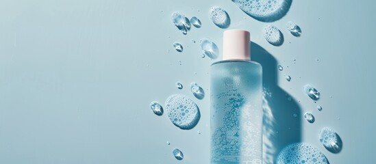 Leinwandbilder - Cosmetic product displayed in a top view copy space image on a light blue background with a sample of cleansing gel perfect for text placement