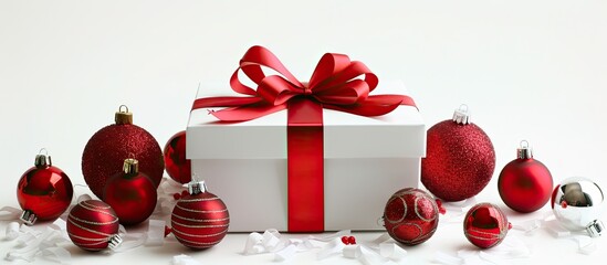 Poster - A white gift box with a red ribbon bow and Christmas ornaments surrounding it set against a white background with copy space image