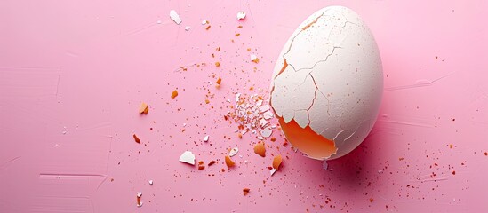 Poster - Close up cracked egg on a pink backdrop with copy space image Ideal for Easter showing a smashed egg