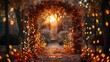 © Aliaksandra - fall wedding decor, the autumn branches and fairy lights on the wedding arch create a warm and enchanting ambiance under the sunset glow for a fall outdoor celebration