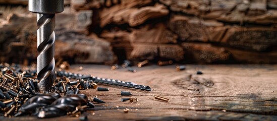 Aufkleber - Woodworking drill set with quick change nozzle for drill bits and various countersink drills for screws displayed in a copy space image
