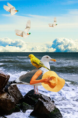 Birds with human bodies flying on clear blue sky, seagull and yellow bird with human arm holding straw hat, against vibrant seascape. Contemporary art. Summer, surrealism, abstract colorful design