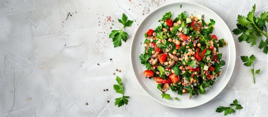 Aufkleber - A white dish with a top view of Spicy Canned Sardine Salad featuring herbs with a clear area for text or images. with copy space image. Place for adding text or design