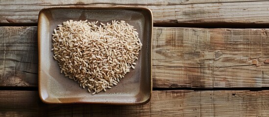 Aufkleber - Heart shaped brown rice on a square ceramic plate against a wooden plank backdrop with copy space image