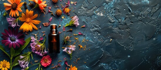 Poster - A small bottle showcasing essential oil dried herbs and flowers on a dark background with vibrant petals Represents aromatherapy spa and herbal medicine with a top view and copy space image
