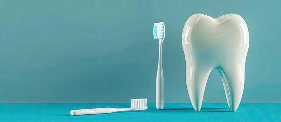 Poster - Oral hygiene theme featuring a large plastic tooth toothbrush and toothpaste on a blue background ideal for copy space image