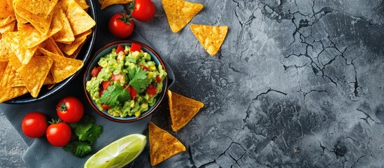 Aufkleber - Top down view of Mexican nachos and guacamole on a gray concrete surface with room for text or graphics alongside the image. with copy space image. Place for adding text or design