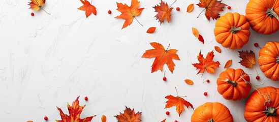 Poster - Top down view of pumpkins and autumn leaves on a white backdrop with space for text or images ideal for Halloween or Thanksgiving themes. with copy space image. Place for adding text or design