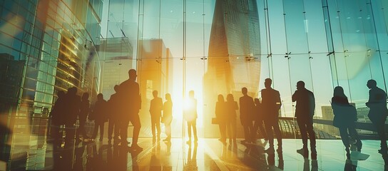 Collaborative business professionals standing in a modern office building with a striking cityscape background, enhanced by a double exposure effect. Silhouetted employees are seen working together 