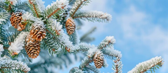 Leinwandbilder - Close up of a green spruce tree adorned with cones covered in snow and frost against a blue sky background perfect for a winter themed greeting or Christmas card with ample copy space image