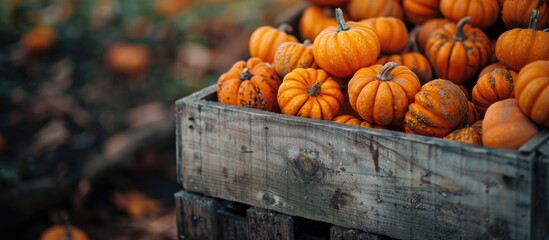 Poster - Thanksgiving day vibe with a rustic wooden box filled with vibrant orange pumpkins at the farmers market creating a cozy autumn background perfect for this copy space image