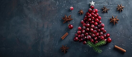 Aufkleber - Top view of a Christmas tree crafted from frozen cranberries cinnamon sticks and anise star on a dark background with ample copy space image