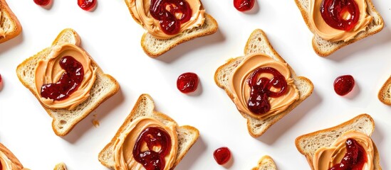 Aufkleber - Top view of peanut butter and jelly on white bread toasts against a white background with copy space image