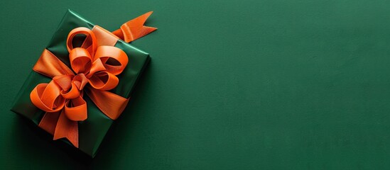 Poster - Gift box with a bright orange bow placed beautifully on a vibrant green backdrop perfect for a festive touch to your copy space image