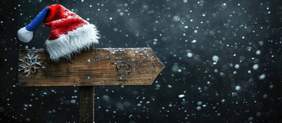 Aufkleber - Christmas signboard featuring a wooden road sign adorned with a blue Santa hat on a black background ready for use as a copy space image