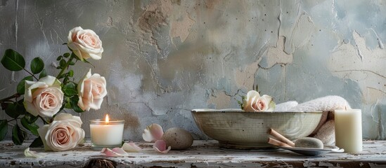 Aufkleber - A serene arrangement of spa items roses and a candle on a rustic grey table with room for text in the image. with copy space image. Place for adding text or design
