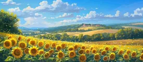 Poster - The lively summer scene featuring vibrant sunflowers golden fields and colorful blossoms against a blue sky is a serene and stunning rural landscape with a clear and separate area for additional cont