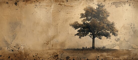 Aufkleber - An antique paper backdrop featuring a tree on a weathered surface with copy space image