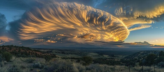 Wall Mural - A striking sky at dusk filled with billowing clouds offers a captivating backdrop for a copy space image