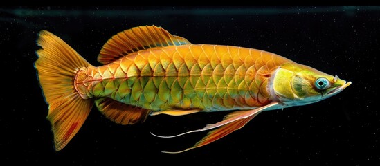 Aufkleber - A red tailed golden arowana Scleropages aureus against a black background providing copy space image