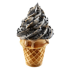Wall Mural - Front view of a delicious looking black sesame softee swirl in a waffle cone levitating in the mid-air isolated on a white transparent background