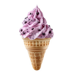 Wall Mural - Front view of a delicious looking blueberry softee swirl in a waffle cone levitating in the mid-air isolated on a white transparent background