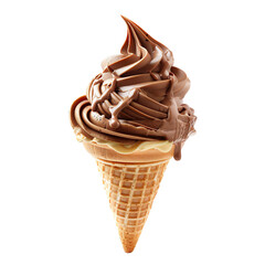 Wall Mural - Front view of a delicious looking chocolate softee swirl in a waffle cone levitating in the mid-air isolated on a white transparent background