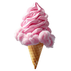 Wall Mural - Front view of a delicious looking cotton candy softee swirl in a waffle cone levitating in the mid-air isolated on a white transparent background