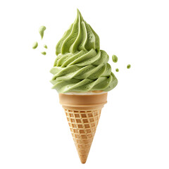 Wall Mural - Front view of a delicious looking green tea softee swirl in a waffle cone levitating in the mid-air isolated on a white transparent background