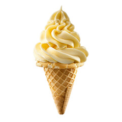 Wall Mural - Front view of a delicious looking lemon softee swirl in a waffle cone levitating in the mid-air isolated on a white transparent background