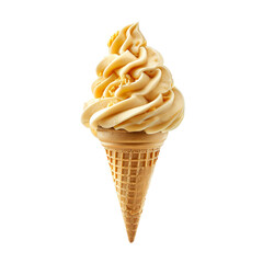 Wall Mural - Front view of a delicious looking mango softee swirl in a waffle cone levitating in the mid-air isolated on a white transparent background