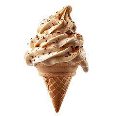 Wall Mural - Front view of a delicious looking mocha softee swirl in a waffle cone levitating in the mid-air isolated on a white transparent background