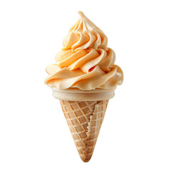 Wall Mural - Front view of a delicious looking papaya softee swirl in a waffle cone levitating in the mid-air isolated on a white transparent background