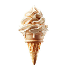Wall Mural - Front view of a delicious looking pear softee swirl in a waffle cone levitating in the mid-air isolated on a white transparent background