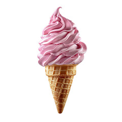 Wall Mural - Front view of a delicious looking strawberry softee swirl in a waffle cone levitating in the mid-air isolated on a white transparent background