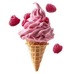 Wall Mural - Front view of a delicious looking raspberry softee swirl in a waffle cone levitating in the mid-air isolated on a white transparent background