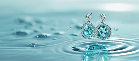 Poster - Luxurious jewelry Elegant earrings placed in water on a light blue background with a designated area for adding text in the copy space image