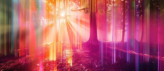 Fototapete - Abstract light patterns in a forest setting on a multicolored linear background with copy space image