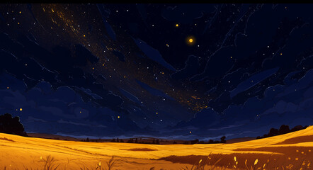 Wall Mural - Hand-drawn cartoon artistic and beautiful wheat field illustration under the starry sky
