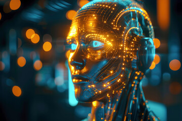 Poster - This image showcases an abstract futuristic representation of a digital human head illuminated with intricate glowing light patterns, depicting technology and innovation.
